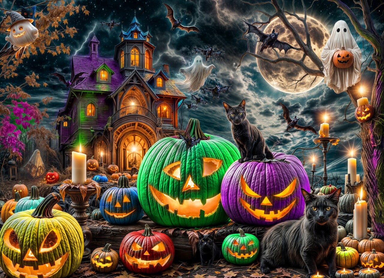 Halloween Puzzle 1000 Pieces for Adults – Gothic Puzzle with Haunted Houses, Ghosts, Pumpkins, Black Cats – Halloween Jigsaw Puzzles - 'Spooky Night'